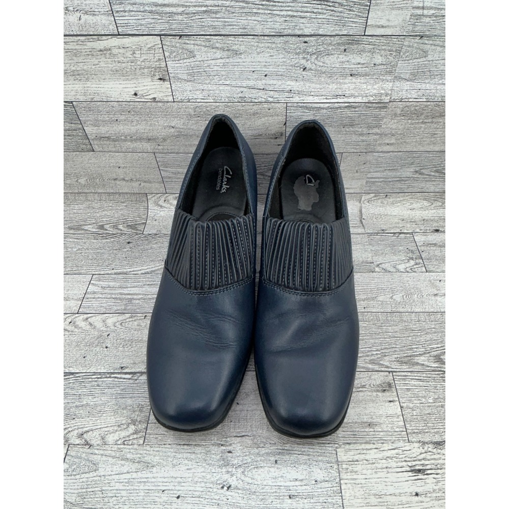 Clarks Bendables Navy Blue Leather Pleated Block Heel Slip On Shoes Women's 9.5M